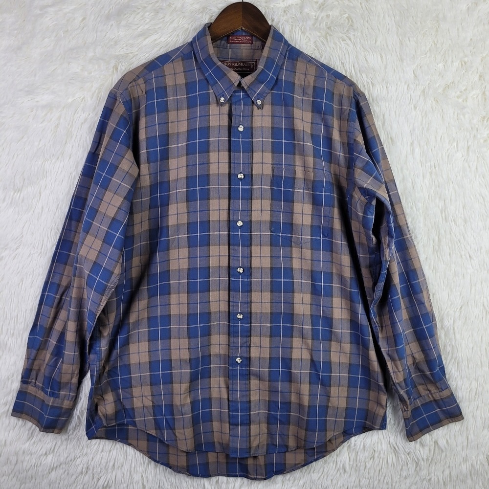 Chaps Ralph Lauren Mens XL Blue Brown Plaid Button Down Shirt Long Sleeve
